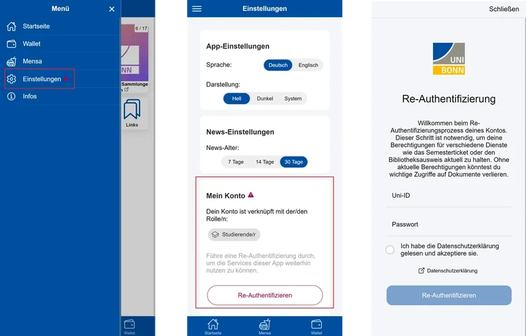 Links: Warnsymbol in dem Seitenmenü | Mitte: Aufforderung zur Re-Authentifizierung | Rechts:. Re-Authentifizierungsseite